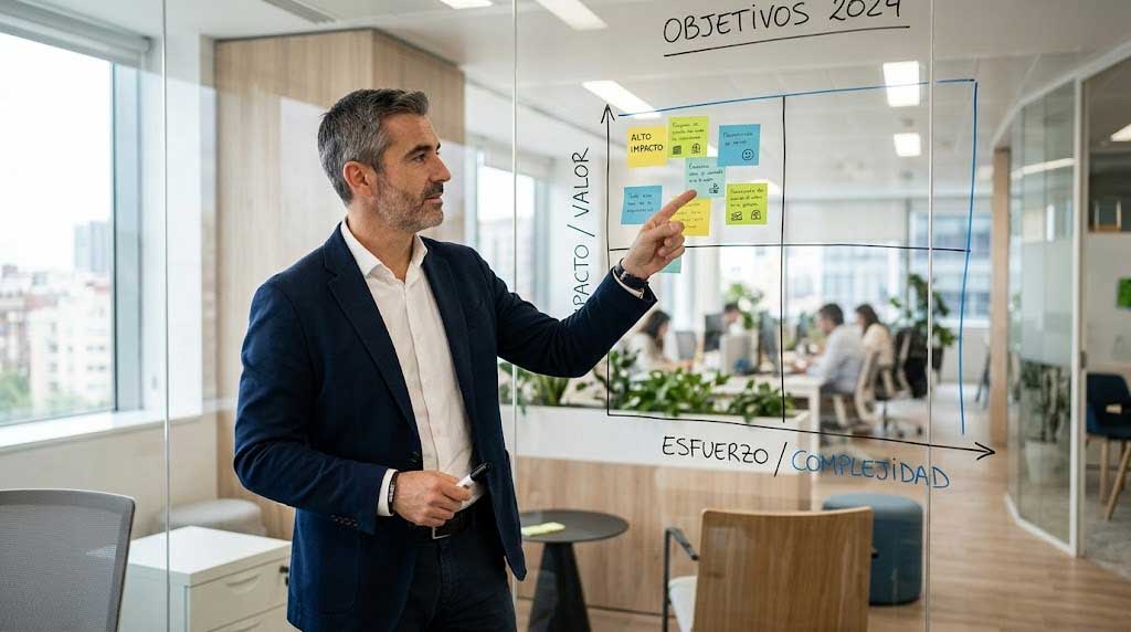 Responsable de empresa priorizando qué proceso automatizar primero con una matriz de impacto y esfuerz
