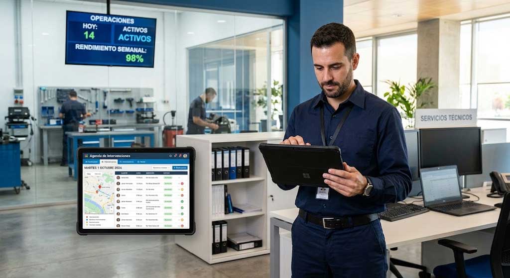 Tecnico de servicios tecnicos revisando en una tablet las intervenciones automatizadas de su empresa