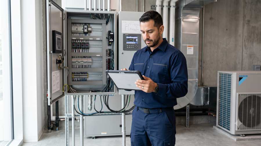 Técnico usando un software SAT en una tablet durante una intervención en 2026