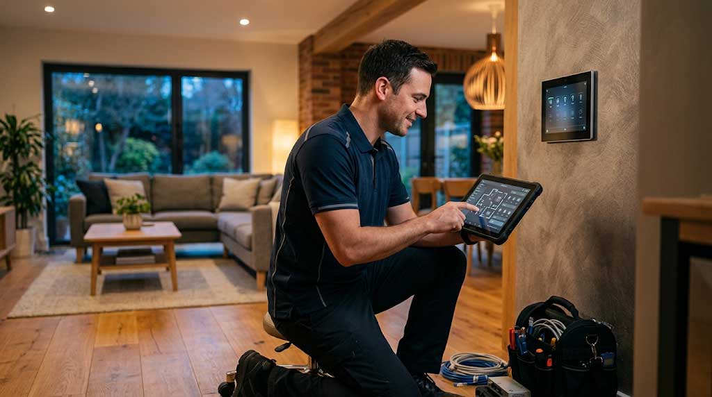 Técnico configurando una instalación domótica con una tablet, gestionada con un software de domótica