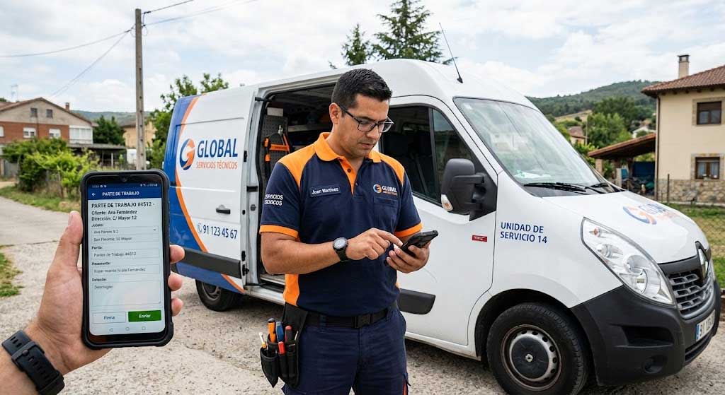 Técnico de servicio revisando el parte de trabajo en el móvil para reducir tiempos entre aviso y cierre