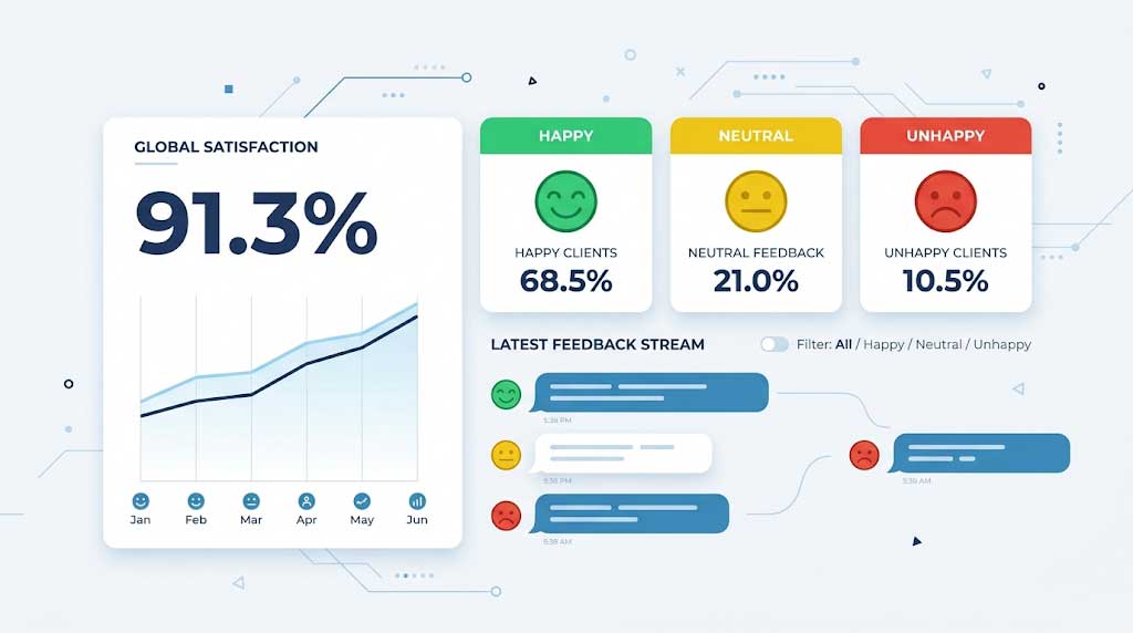 Panel de análisis de satisfacción con IA que detecta clientes descontentos a partir de sus mensajes y encuestas