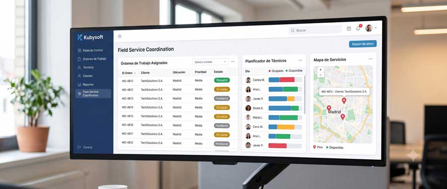 Panel de coordinación de técnicos de campo con avisos asignados y partes de trabajo en tiempo real en Kubysoft